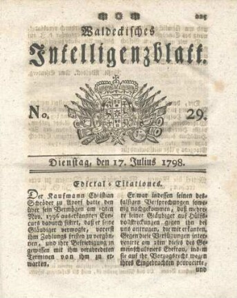 No. 29, Dienstag, den 17. Julius 1798