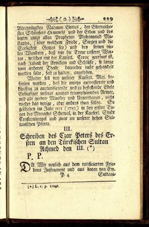 III. Schreiben des Czar Peters des Ersten an den Türckischen Sultan Achmed den III.
