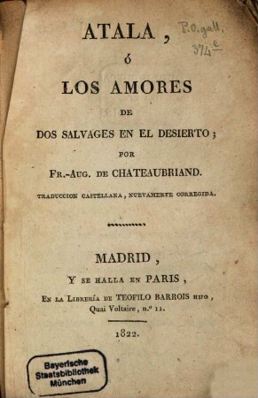 Atala, ò los amores de dos Salvages en el Desierto