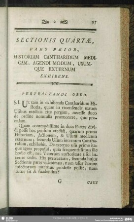 Secationis Quartae, Pars Prior, Historiam Cantharidum Medicam, Agendi Modum, Usumque Externum Exhibens
