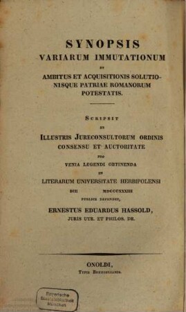 Synopsis variarum immutationum et ambitus et acquisitionis solutionisque patriae Romanorum potestatis
