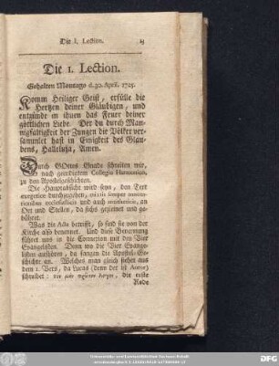 Die I. Lection. Gehalten Montags d. 30. April. 1725.