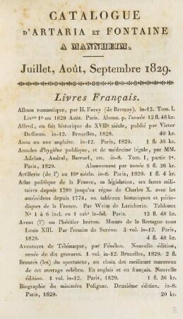 1829: Catalogue d'Artaria & Fontaine à Mannheim