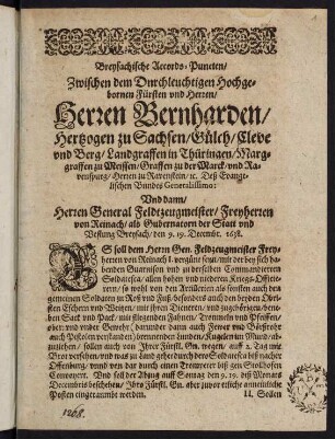 Breysachische Accords-Puncten zwischen ... Bernharden, Hertzogen zu Sachsen ... und ... Freyherren von Reichach, als Gubernatorn der Statt und Vestung Breysach