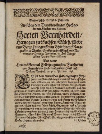 Breysachische Accords-Puncten zwischen ... Bernharden, Hertzogen zu Sachsen ... und ... Freyherren von Reichach, als Gubernatorn der Statt und Vestung Breysach