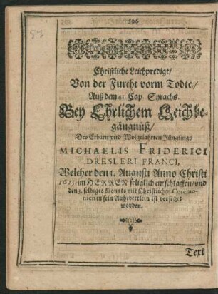 Christliche Leichpredigt ... Michaelis Friderici Dresleri Franci ...