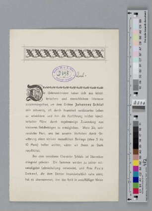 Gedruckter Aufruf zur Unterstützung von Johannes Schlaf