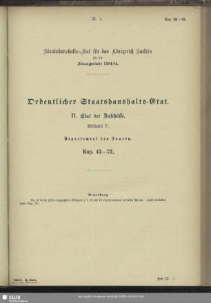 II. Etat der Zuschüsse. Abschnitt F. Departement des Innern. Kap. 42-72