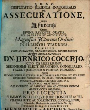Disp. iur. inaug. de assecuratione, vulgo Assurantz