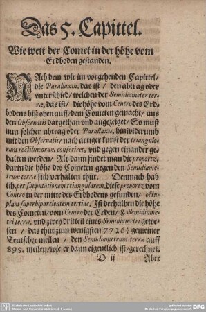 Das 5. Capittel. Wie weit der Comet in der höhe vom Erdboden gestanden.