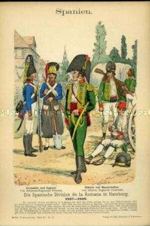 Uniformdarstellung, Grenadier und Sappeur der Infanterie, Offizier und Gemeine des Leichten Infanterie-Regiments Katalonien, Königreich Spanien, 1807/1808.