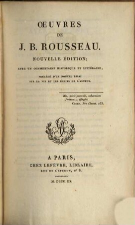 Oeuvres de J. B. Rousseau : avec un commentaire historique et littéraire, précédé d'un nouvel essai sur la vie et les écrits de l'auteur, 5