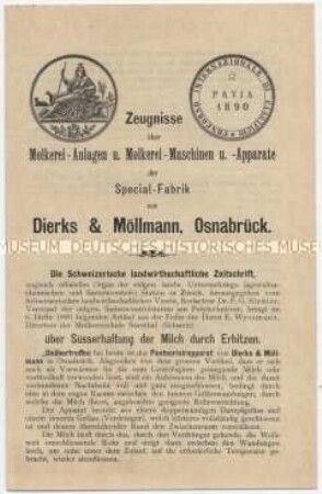 Zeugnise über Molkerei-Anlagen u. Molkerei-Maschinen u. -Apparate
