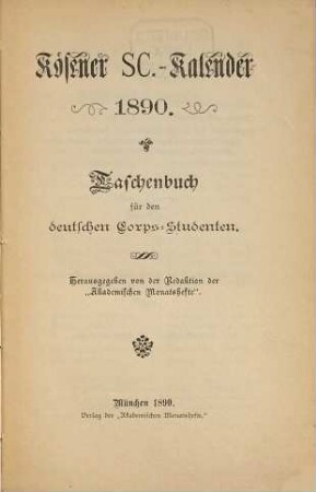 Kösener SC-Kalender : Taschenbuch für den Kösener Corpsstudenten. 1890