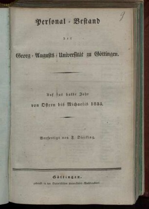 SS 1835: Personal-Bestand der Georg-Augusts-Universität zu Göttingen