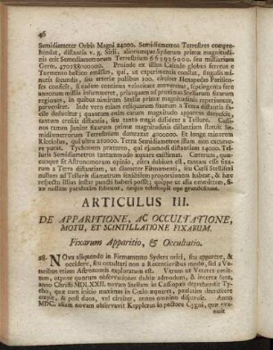 Articulus III. De Apparitione, Ac Occultatione, Motu, Et Scintillatione Fixarum.