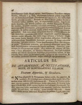 Articulus III. De Apparitione, Ac Occultatione, Motu, Et Scintillatione Fixarum.