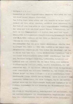 [W221]: Konzeption zu einer biographischen Erzählung über Leben und Werk Gottfried August Bürger (1747 - 1794) : Arbeitstitel: Der Hund in der Pfennigschenke - 6 Kapitel über Gottfried August Bürger