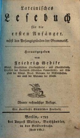 Lateinisches Lesebuch für die ersten Anfänger : nebst den Anfangsgründen der Grammatik