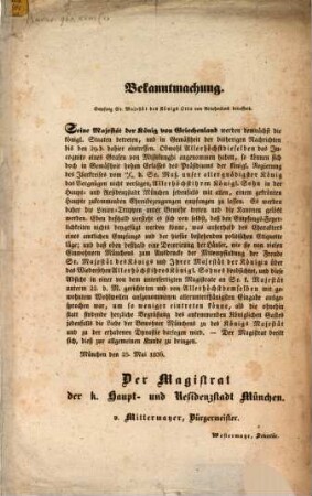 Bekanntmachung Empfang Sr. Majestät des Königs Otto von Griechenland betreffend