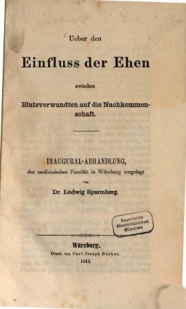 Ueber den Einfluss der Ehen zwischen Blutsverwandten auf die Nachkommenschaft