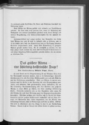 Das größere Altona - eine schleswig-holsteinische Frage?