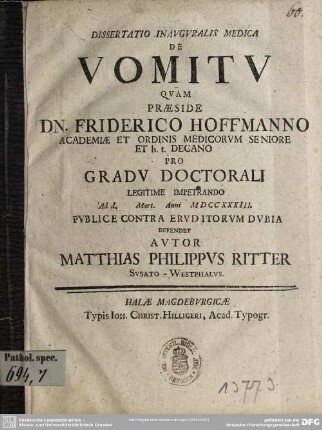 Dissertatio Inauguralis Medica De Vomitu