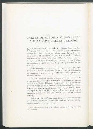 Cartas de Joaquín V. González a Juan José García Velloso