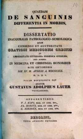 Quaedam de sanguinis differentia in morbis : dissertatio inauguralis pathologico-semiologica