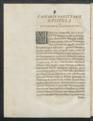 Casparis Sagittarii Epistola Ad Doctissimum Respondentem.