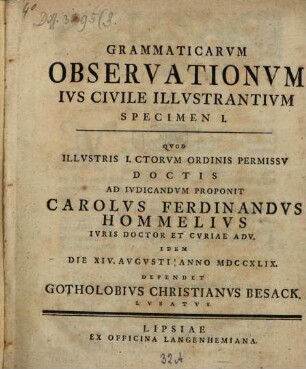 Grammaticarvm Observationvm Ivs Civile Illvstrantivm specimen I.