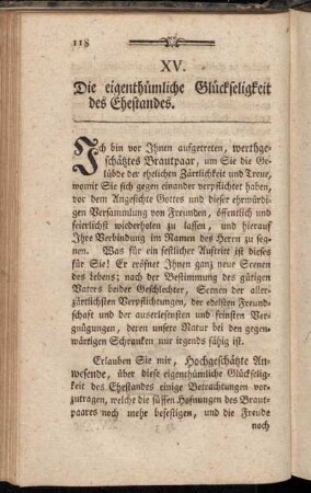 XV. Die eigenthümliche Glückseligkeit des Ehestandes.