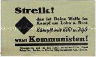Handzettel der KPD mit dem Aufruf zu Streiks