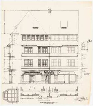 Fassaden der nach dem Brand am 17. Juni 1915 wiederaufgebauten Häuser, Duderstadt: Aufriss: Ansicht von der Straße 1:50; Fassadenschnitte horizontal und vertikal 1:50; Details 1:10: Haustür-Oberlicht, Gesims