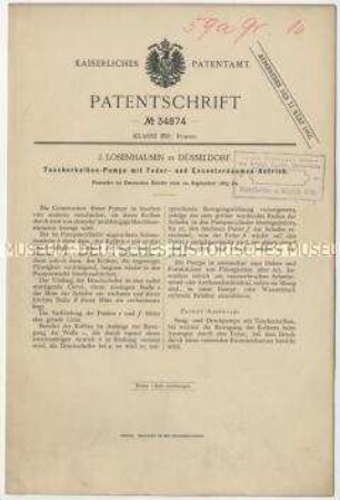 Patentschrift einer Taucherkolben-Pumpe mit Feder- und Exzenterdaumen-Antrieb, Patent-Nr. 34874