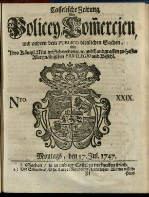 Nro. XXIX, Montags, den 17. Jul. 1747