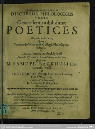 Discursus Philologicus Prior Generalem nobilissimae Poetices diaskepsin exhibens
