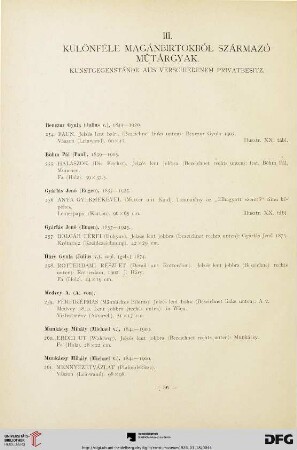 III. Különféle magánbirtokból származó mütárgyak / Kunstgegenstände aus verschiedenem Privatbesitz (Nr. 254-324)