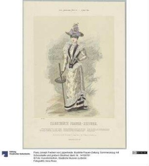 Illustrirte Frauen-Zeitung: Sommeranzug mit Schosstaille und großem Strohhut