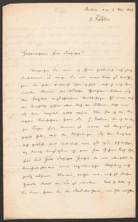 Heinrich Brunn (1822-1894), Nachlass: Brief von Heinrich Hirzel an Heinrich von Brunn - BSB Brunniana 3. Hirzel, Heinrich