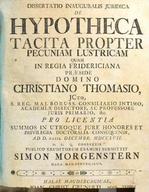 Dissertatio Inauguralis Juridica De Hypotheca Tacita Propter Pecuniam Lustricam