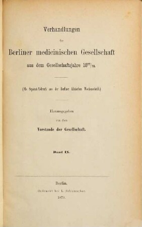 Verhandlungen der Berliner Medizinischen Gesellschaft. 9. 1877/78 (1879)