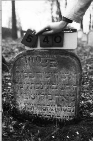 Grabstein 540 (Index: 100115400) Material: Sandstein Zustand: verwittert Maße HxBxT: 68x58x8 cm Beschreibung: Stele mit Segmentbogenabschluß, eingetieftes Schriftfeld: Grabstein 540