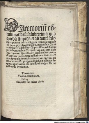 Directorium Concubinariorum saluberrimum quo quedam stupenda et ob tanti sceleris impunem tolerantia ... resoluntur
