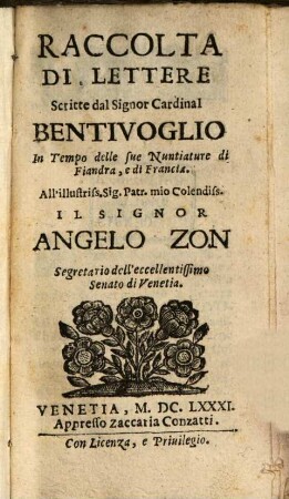 Raccolta di Lettere scritte dal cardinal Bentivoglio