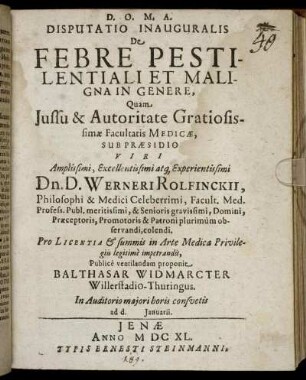 Disputatio Inauguralis De Febre Pestilentiali Et Maligna In Genere