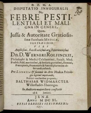Disputatio Inauguralis De Febre Pestilentiali Et Maligna In Genere