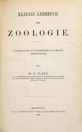 Kleines Lehrbuch der Zoologie : zum Gebrauche an Universitäten und höhern Lehranstalten