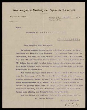 Brief von Franz Linke an Karl Schwarzschild, Frankfurt am Main, 31.7.1909