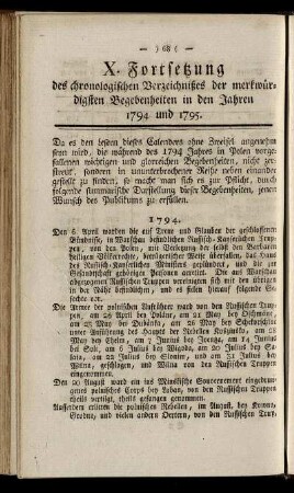 X. Fortsetzung des chronologischen Verzeichnißes der merkwürdigsten Begebenheiten in den Jahren 1794 und 1795